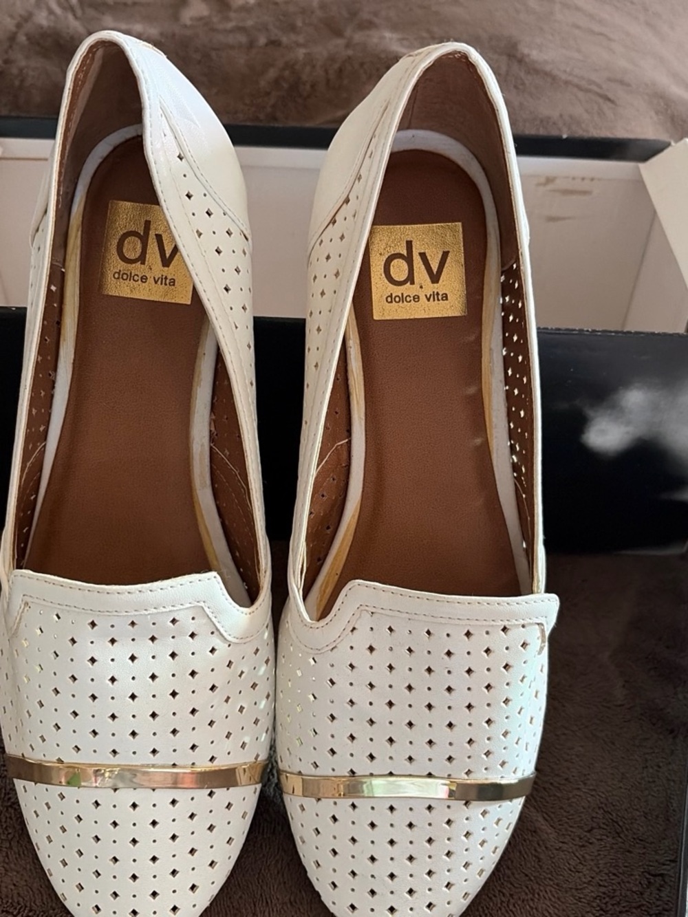 Dolce Vita White Perforated Slip-On Loafers with Gold Accent